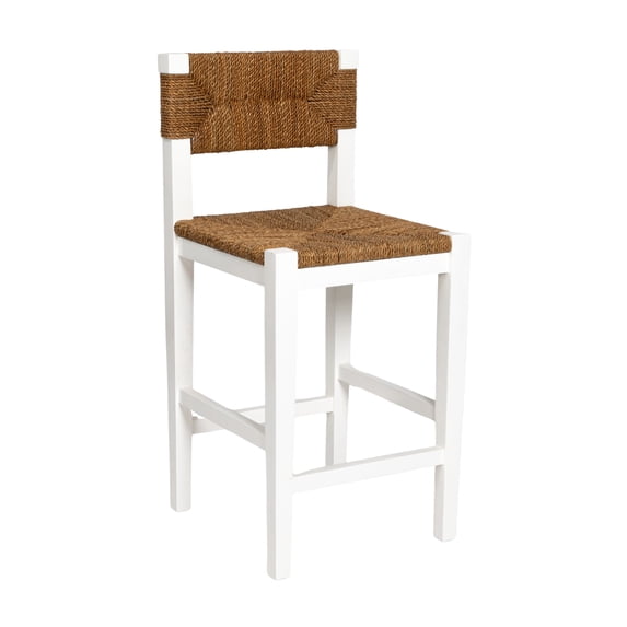 Creative Co-Op Willowbrook Solid Wood and Natural Woven Seagrass Rope Counter Height Bar Stool, Matte White Finish