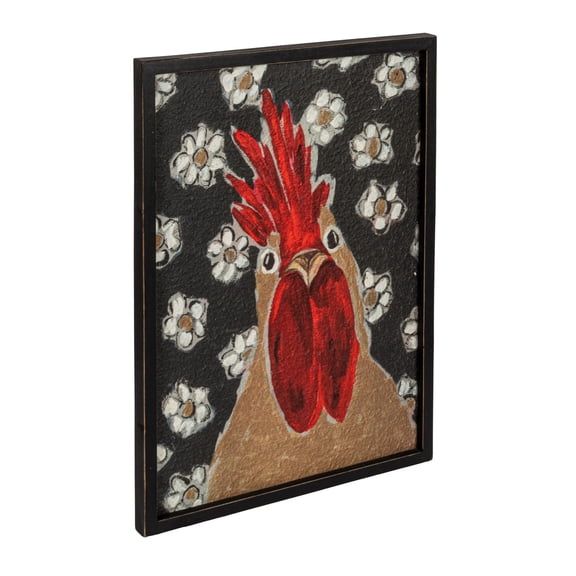 Creative Co-Op Wood Framed Glass Wall Dcor with Rooster Image and Flowers, Multicolor
