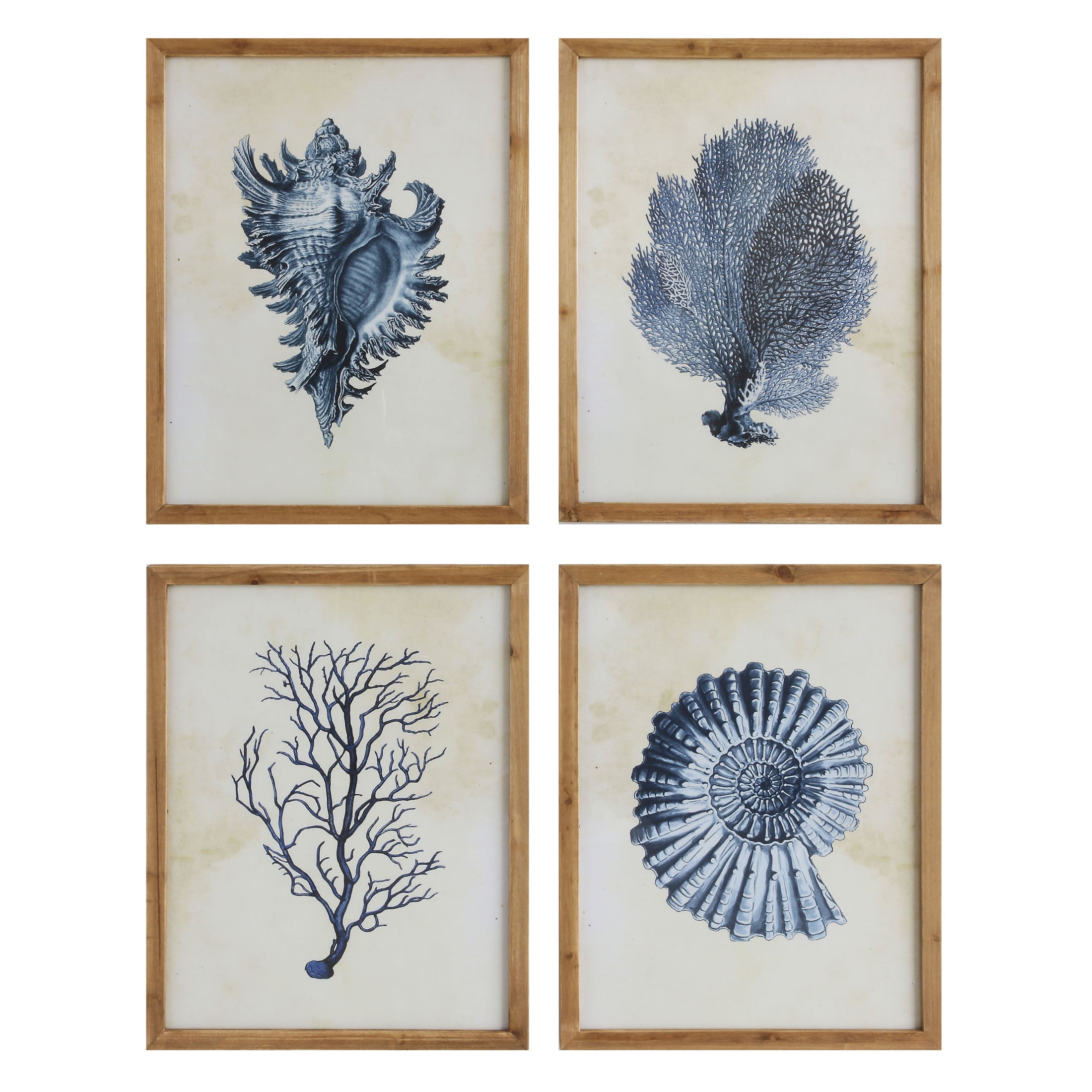 Blue Shells and Coral Wood Framed Wall Art Set