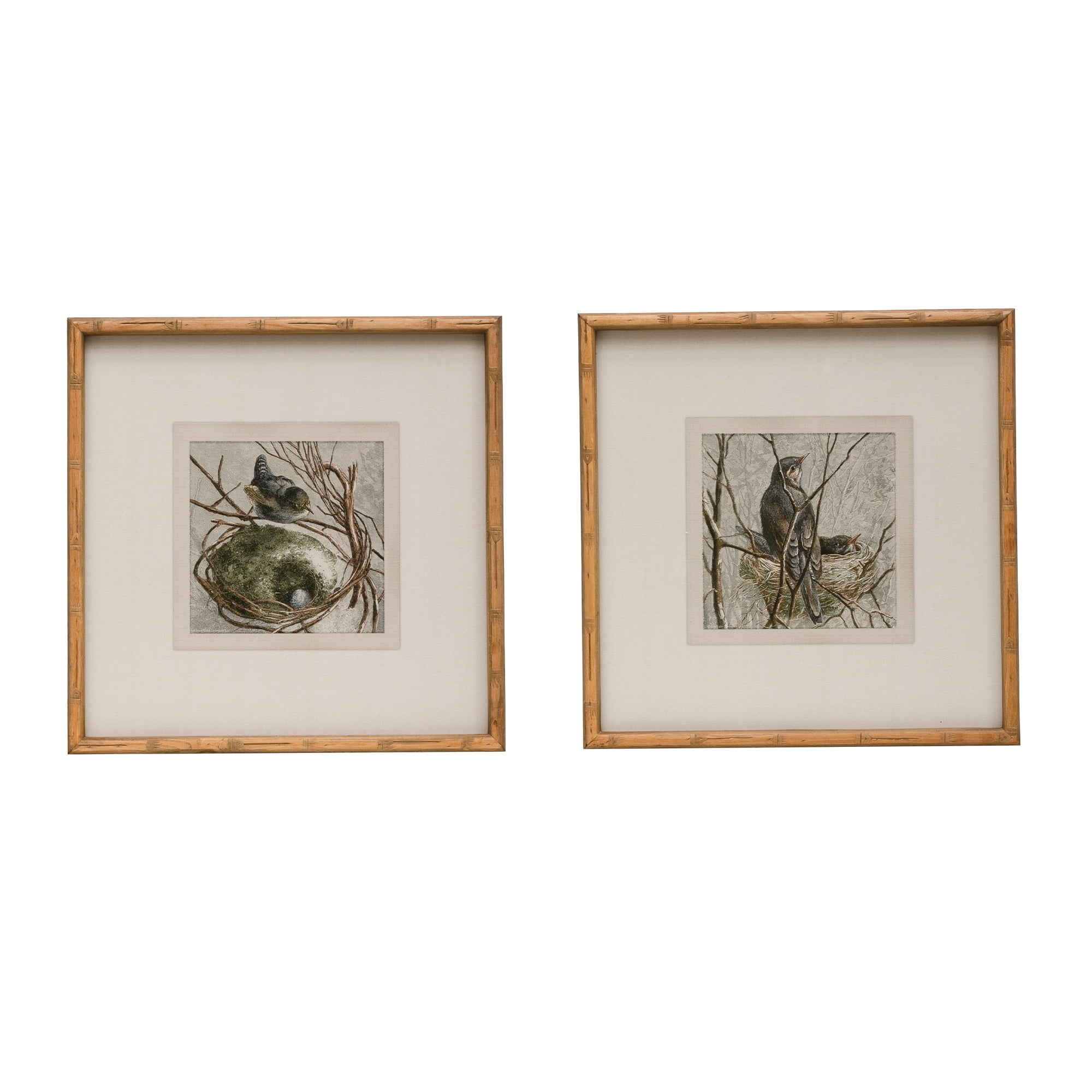 18" Square Natural Wood Framed Bird and Nest Wall Art Set