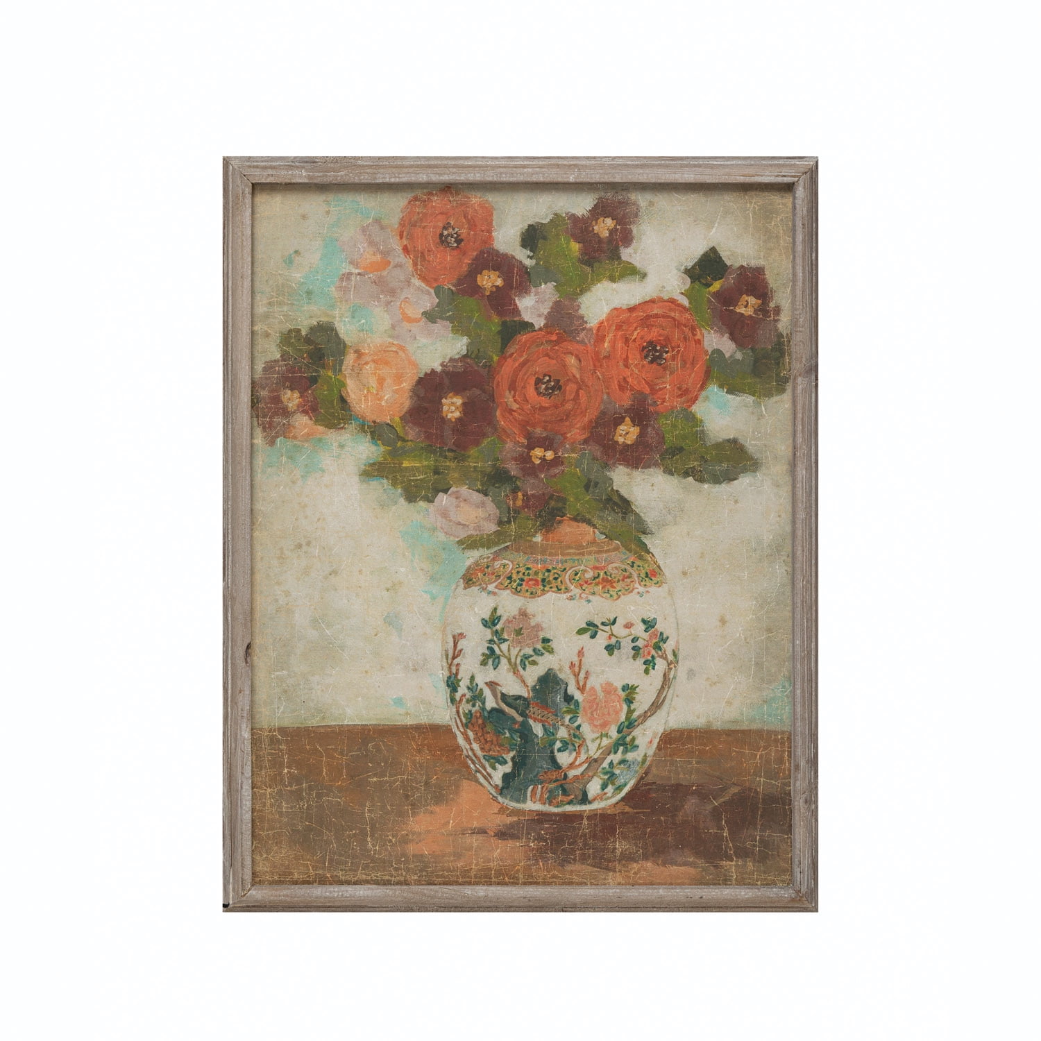 Vintage-Inspired Wood Framed Floral Vase Wall Art