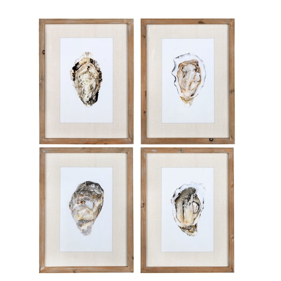 Creative Co-Op Wood Framed Wall Dcor with Oyster Print, Multicolor, Set of 4