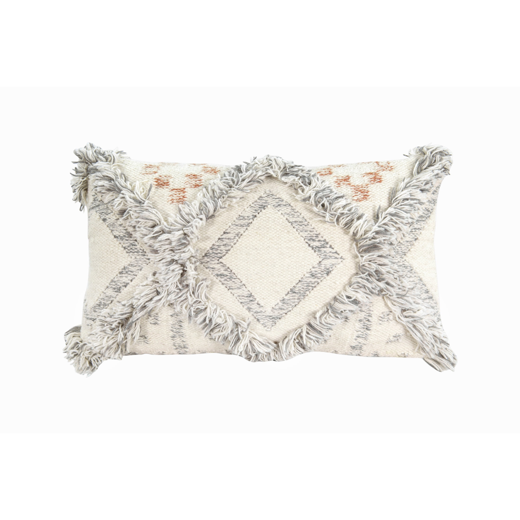 Cream and Gray Wool Kilim Pillow with Fringe Accents