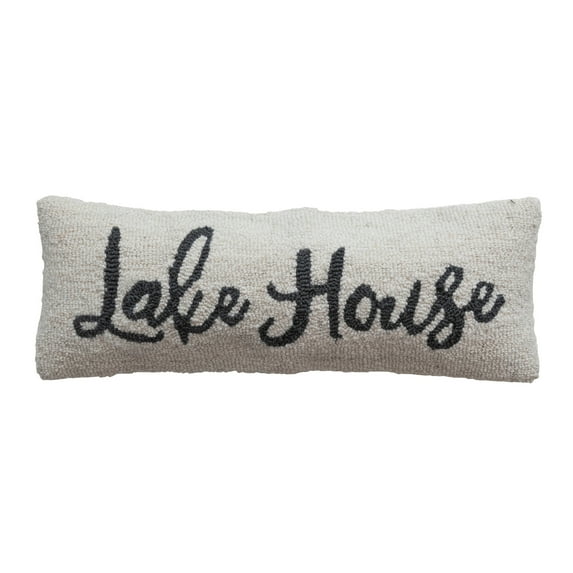 Creative Co-Op Wool and Cotton Lumbar Pillow with "Lake House" Embroidery, Cream and Navy