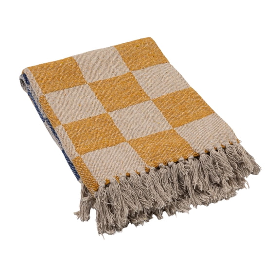 Creative Co-Op Woven Cotton Blend Throw with Checkered Pattern and Fringe, Yellow, Blue and Natural