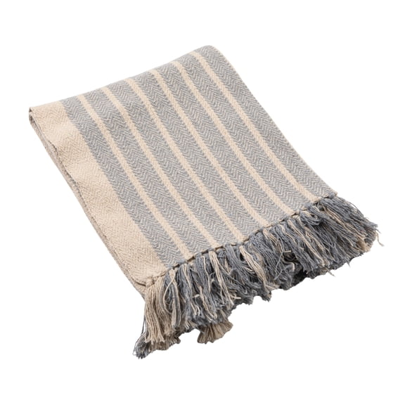 Creative Co-Op Woven Cotton Blend Throw with Stripes and Fringe, Blue and Natural