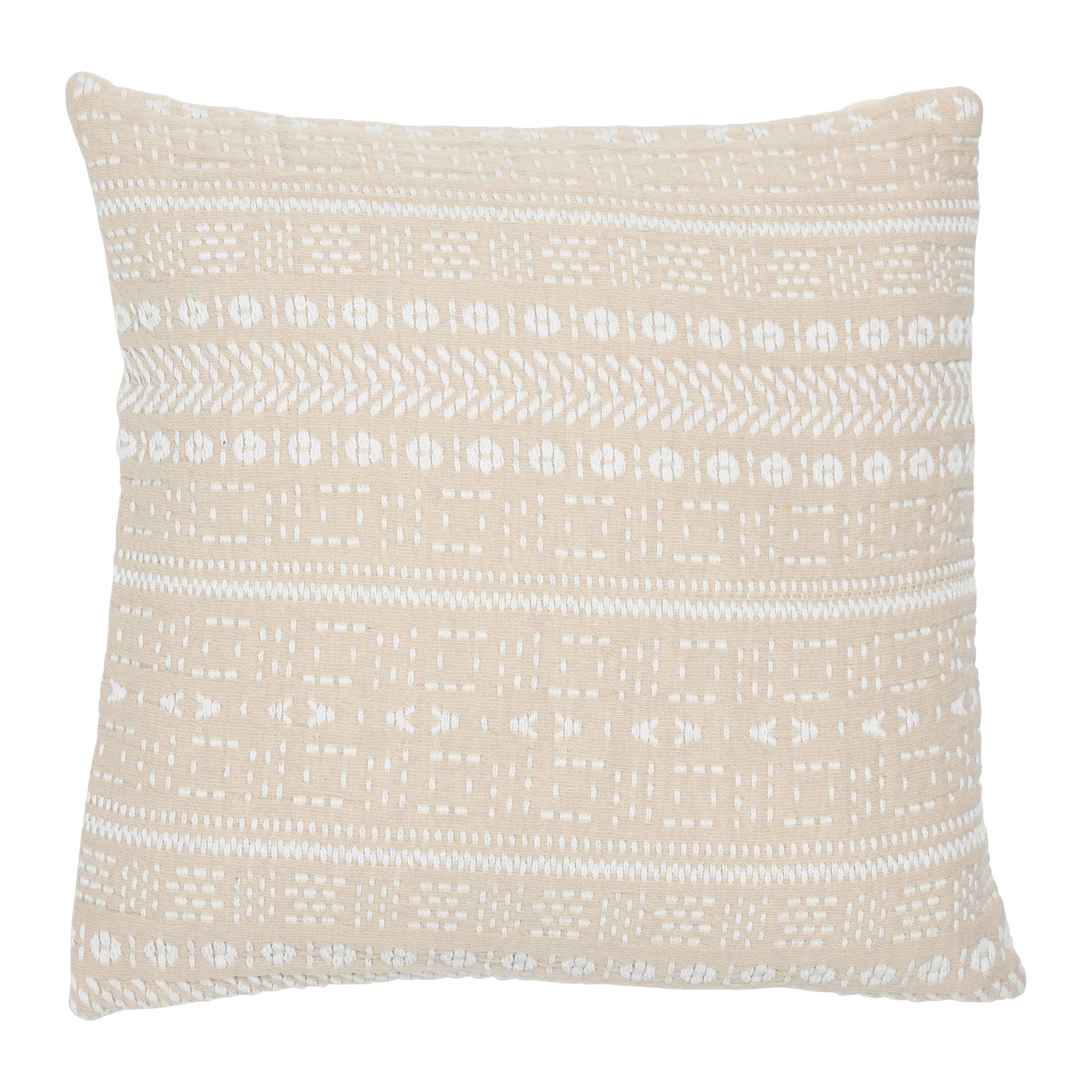 Beige and White Cotton Embroidered Square Throw Pillow