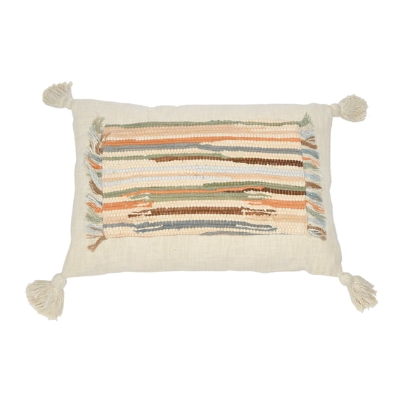 Creative Co-Op Woven Cotton Slub Lumbar Pillow with Applique, Fringe and Tassels