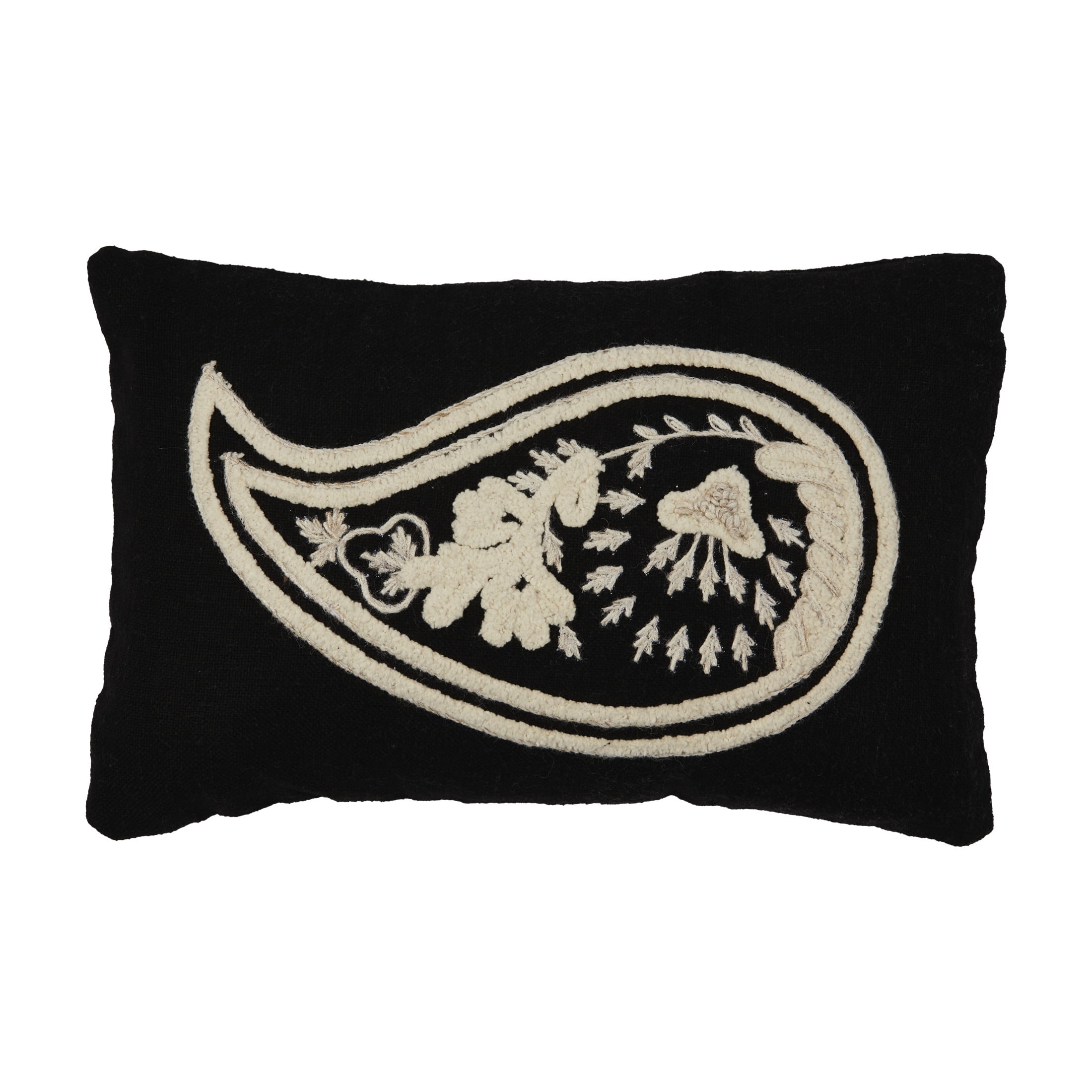 Black and White Cotton Embroidered Paisley Lumbar Pillow
