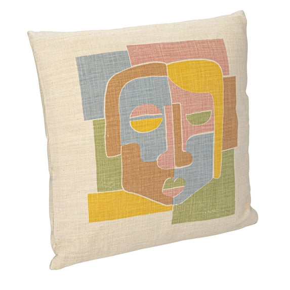 Creative Co-Op Woven Cotton Slub Printed Pillow with Abstract Face, Multicolor
