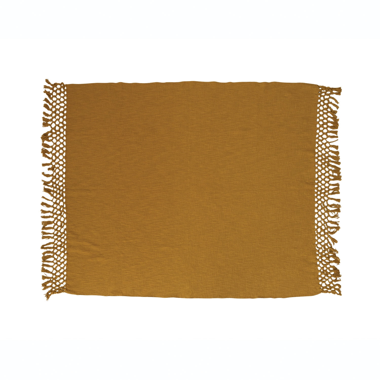 Yellow Crocheted Cotton Throw Blanket with Fringe