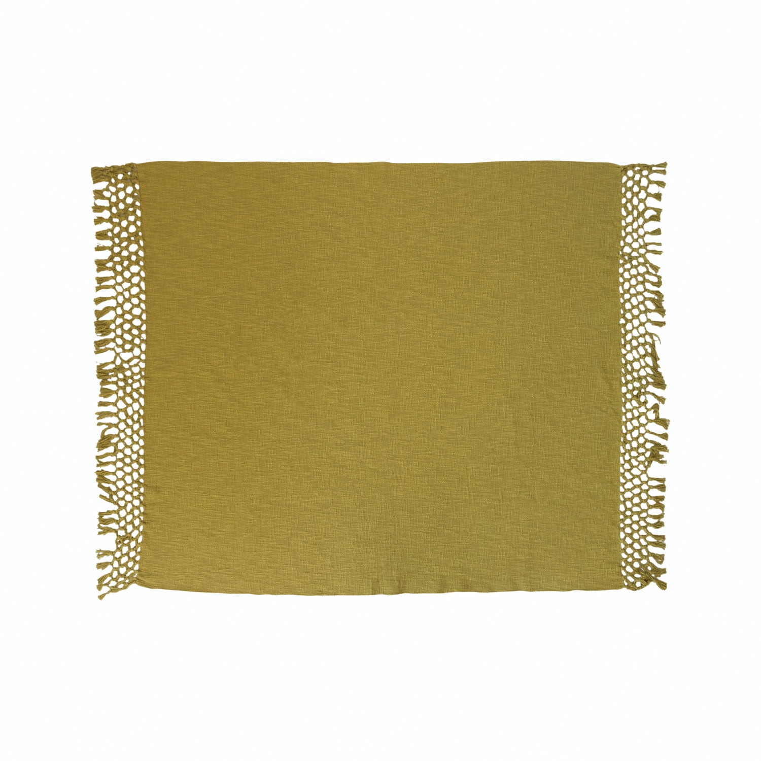 Green Cotton Crocheted Throw Blanket with Fringe