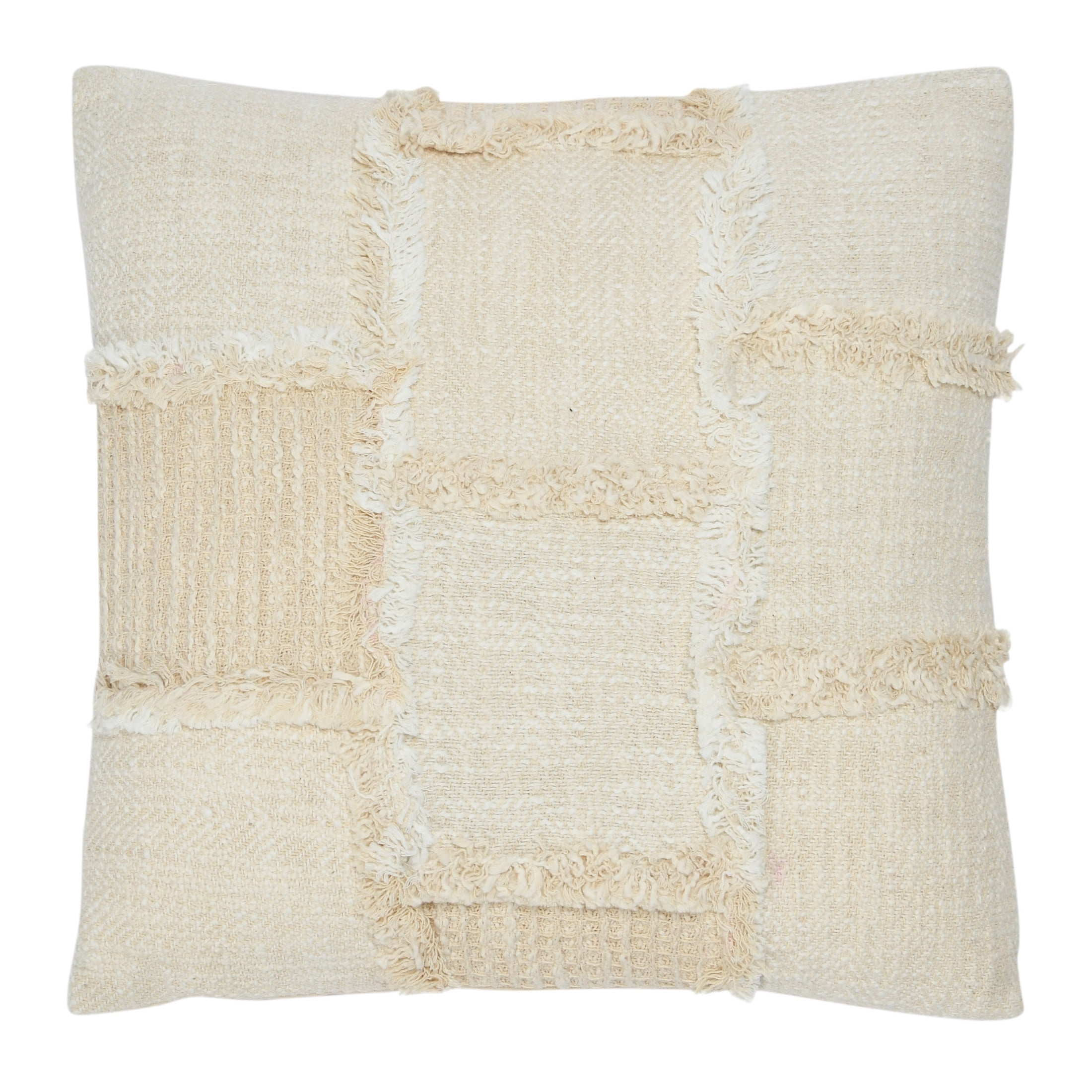 18" Beige Cotton and Wool Patchwork Pillow with Frayed Edges
