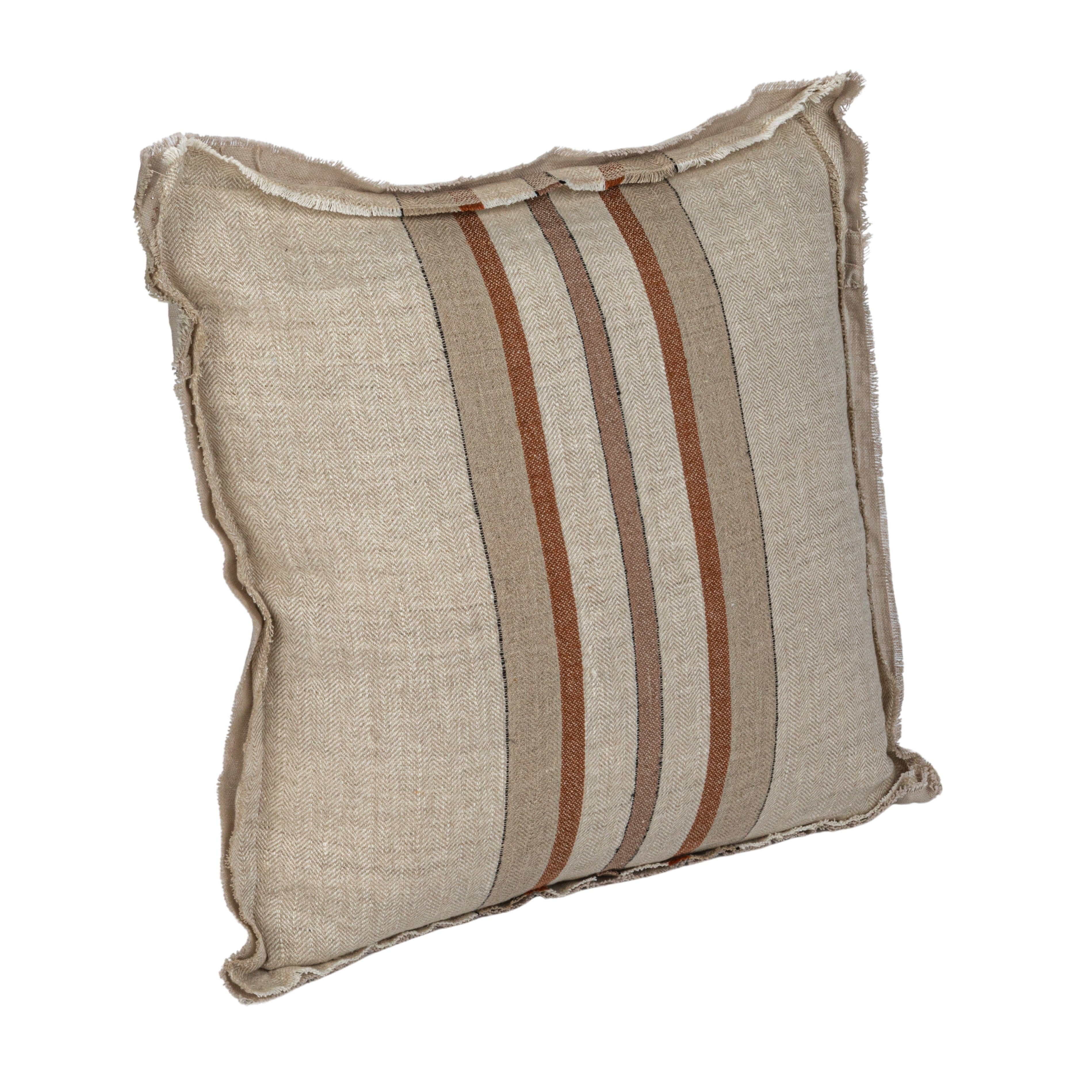 Tan and Brown Linen Striped Square Pillow with Fringe
