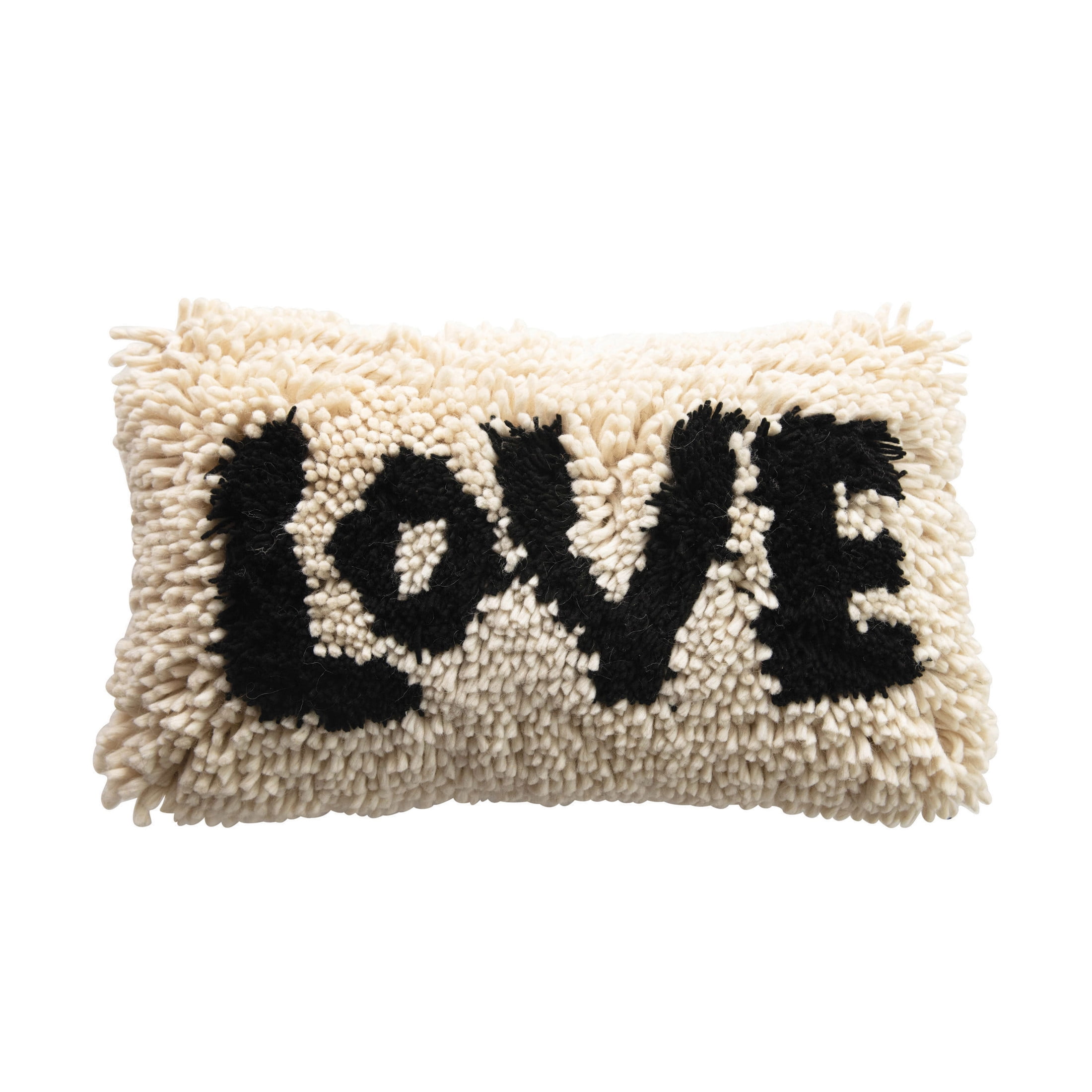 Black and Cream Woven Wool Shag Lumbar Pillow with Love Design