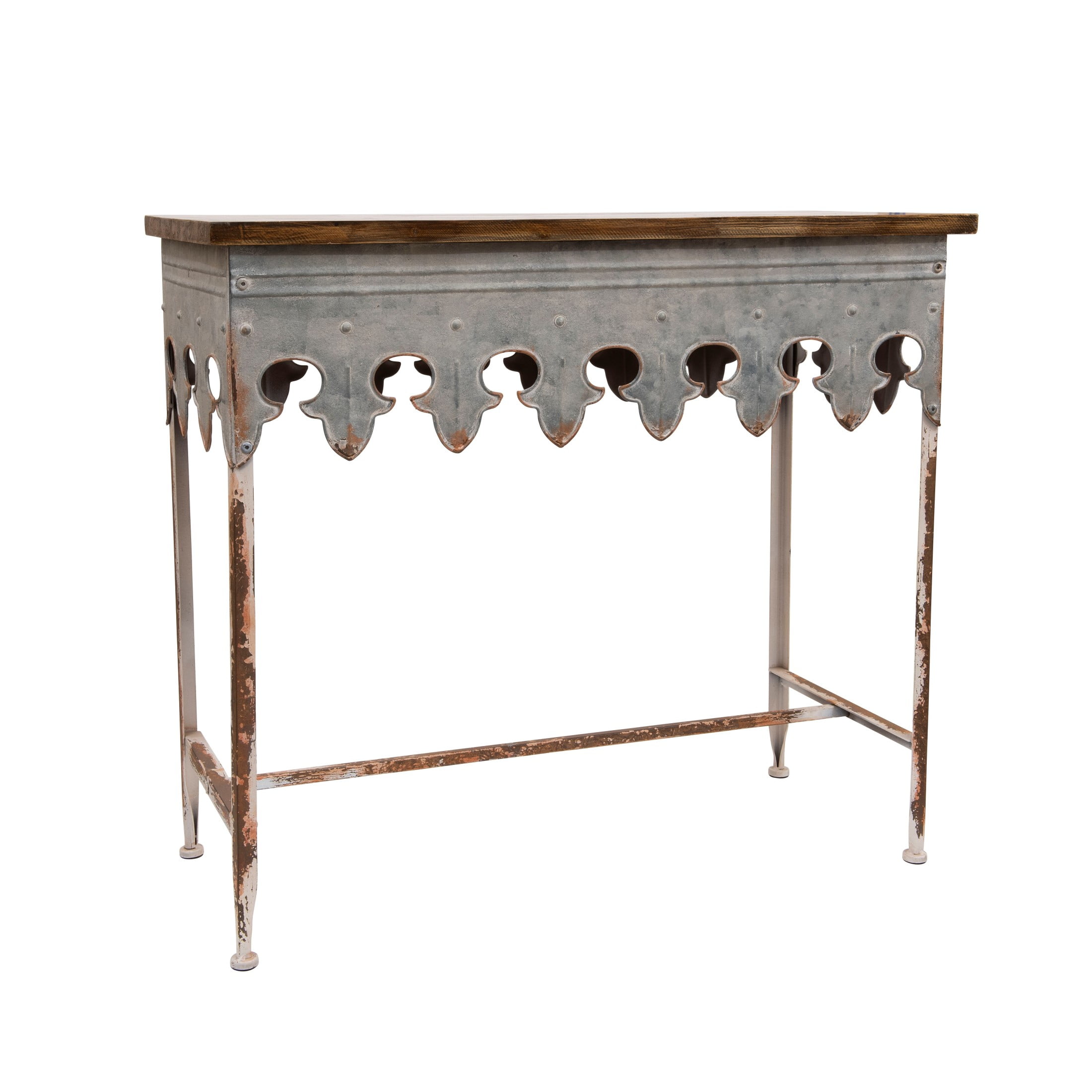 Scalloped Edge 36" Metal & Wood Console Table with Distressed Finish