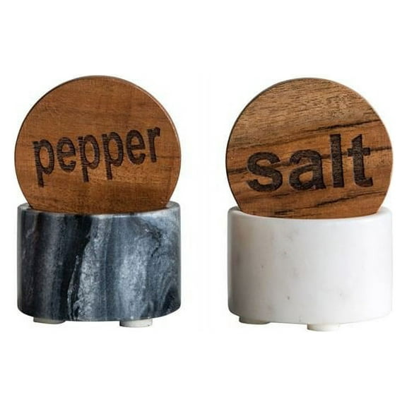 Creative Co-op Round Marble Salt & Pepper Pot w/Wood Lid, Black & White
