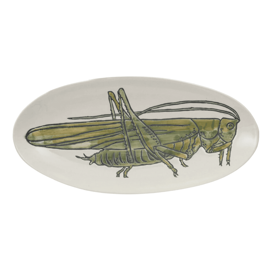 Hand-Painted Green and White Stoneware Grasshopper Plate