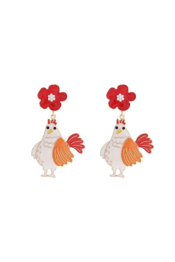 Creative Colorful Enamel Flower Rooster Pendant Earrings Fashionable Cute Enamel Animal Earrings for Women