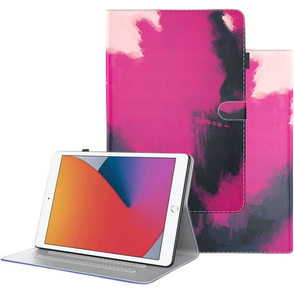 Creative Colorful Watercolor Leather Tablet Case Built-in Kickstand Card Slots Pen Holder Cover, for iPad Air 1 2 3 4 5 Pro 9.7 10.5 11 12.9 inch Charming Shell(Rose Red,Air 5)