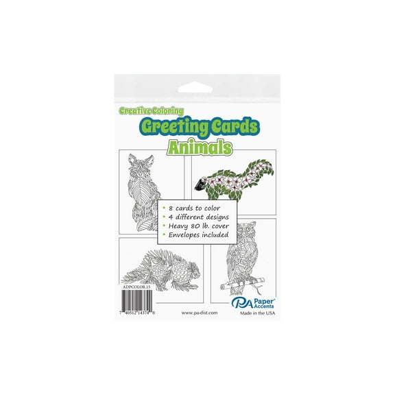 Accent Design Paper Accents Creative Coloring Card & Envelopes, Animals, 8Pc, 4.25x5.5, Adult Coloring Cards, Cards For Adults, Cards, Greeting Cards To Color
