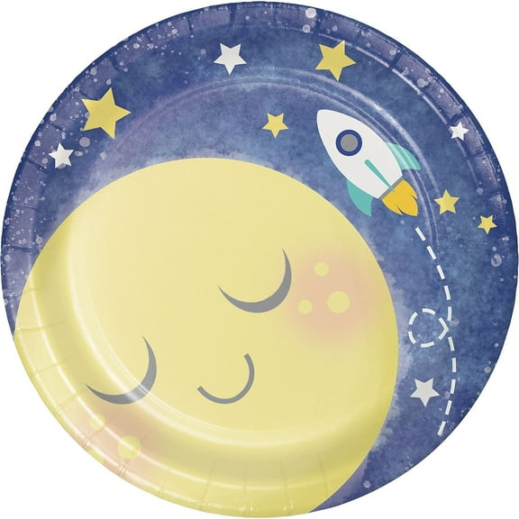 Creative Converting 321806 To The Moon & Back Gender Neutral Baby Shower Dessert Plates, 7", Multicolor