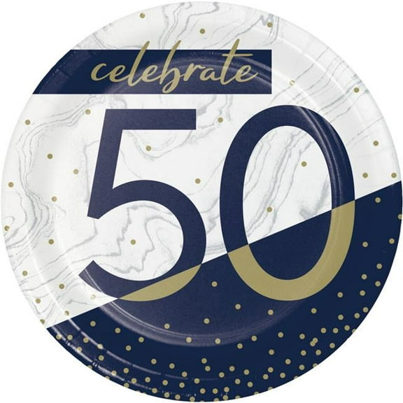 Creative Converting 357594 7 in. Dia. Navy & Gold Milestone 50th Birthday Luncheon Paper Plate