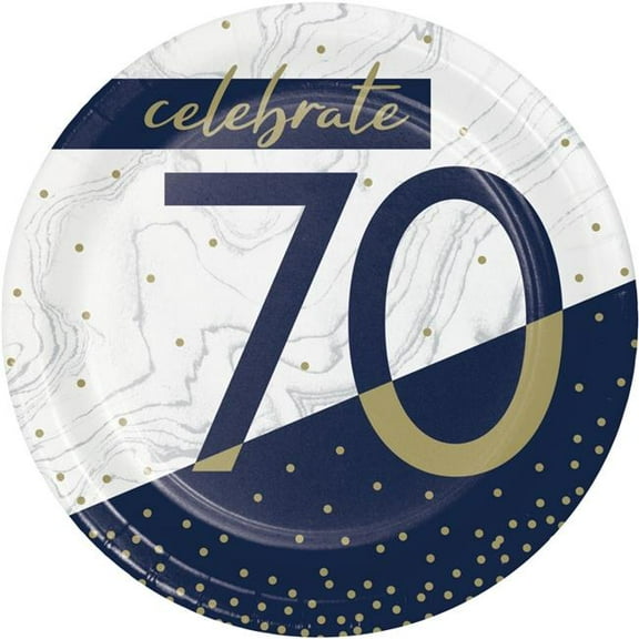 Creative Converting 357596 7 in. Dia. Navy & Gold Milestone 70th Birthday Luncheon Paper Plate