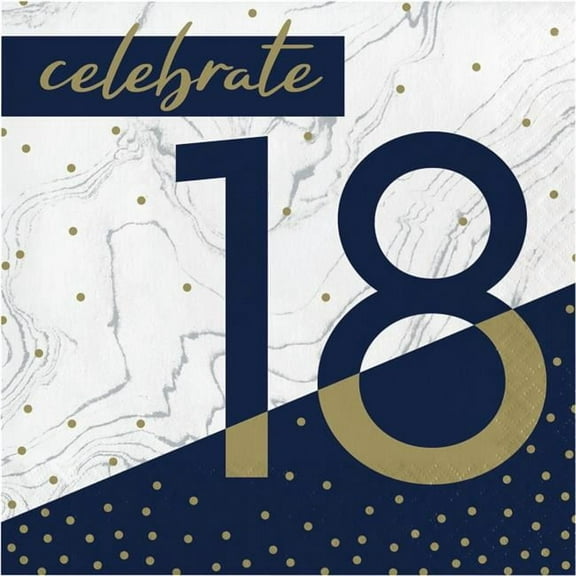 Creative Converting 357604 6.5 in. Navy & Gold Milestone 18th Birthday Luncheon Paper Napkin