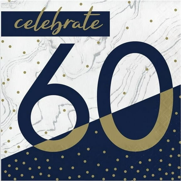Creative Converting 357609 6.5 in. Navy & Gold Milestone 60th Birthday Luncheon Paper Napkin
