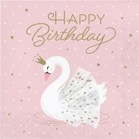 Creative Converting 6.5 in. Swan Happy Birthday Napkins, Pink - Case of 12 - 16 Count