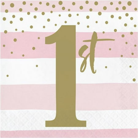 Creative Converting 6.5 x 6.5 in. Celebration 1st Birthday Luncheon 1 by 4 Fold 2-Ply Tissue Napkins, Pink & Gold - 192 Count