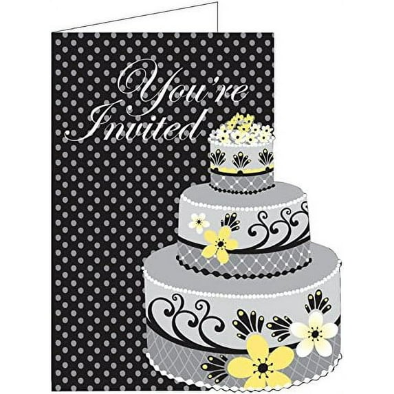 Creative Converting 8 Count Chic Wedding Cake Gatefold Party Invitations, Gray/Yellow