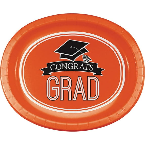 Creative Converting CongratsITSC Grad Orange Pcs 8-Count Oval Paper Platters for Graduation Party, School Spirit (320069)