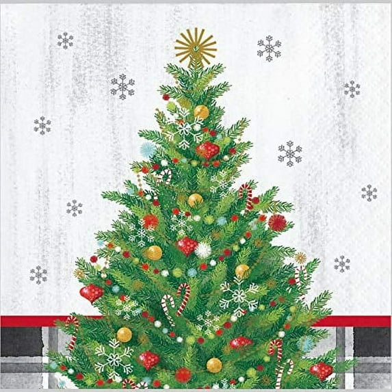 Creative Converting Holiday Christmas Tree Beverage Napkins, 5", Green, Red, Yellow, Black and White