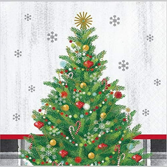 Creative Converting Holiday Christmas Tree Beverage Napkins, 5", Green, Red, Yellow, Black and White
