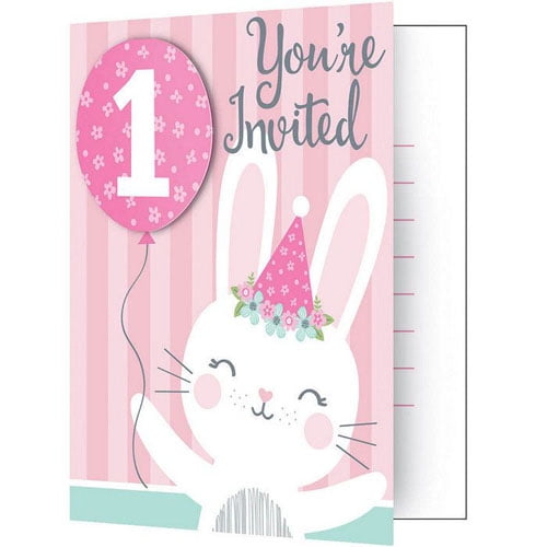 1st Birthday 'Floral Bunny' Invitations w/ Envelopes (8ct)