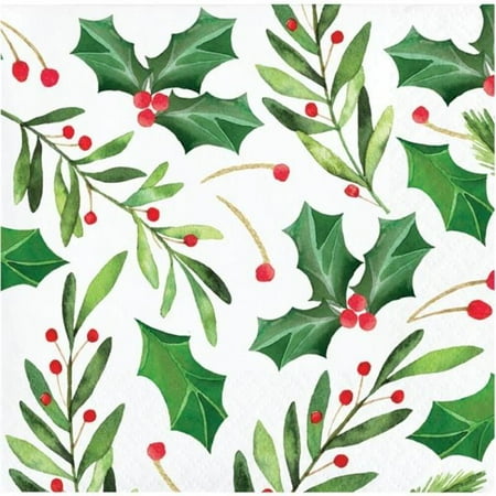 Creative Converting Traditional Holly Beverage Napkins, 5", Multicolor