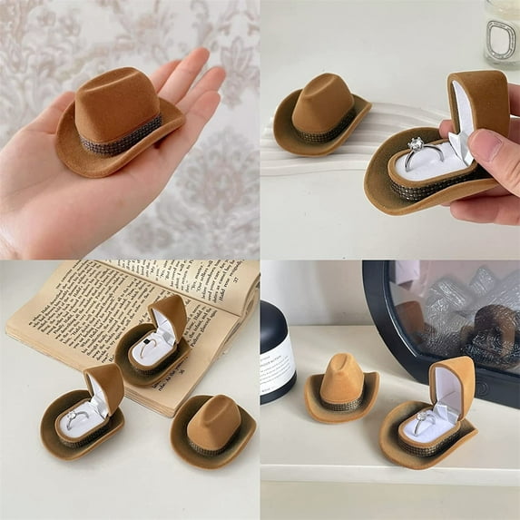 Creative Cowboy Hat Jewelry Box | Premium Fashion Velvet Ring Box | Western Cowboy Hat Jewelry Box | Vintage ring box for wedding ceremony, Engagement(Brown)