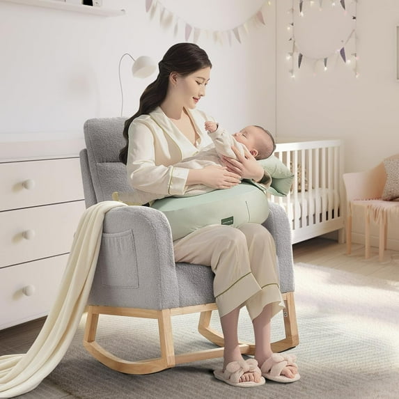 Rocking Chair, Wingback Accent Rocker Chair Upholstered Tall Back Arm Chair w/Side Pockets, Ursing Rubber Wood Legs and Side Pocket for Living Room, Bedroom (Grey)