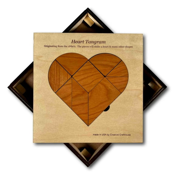 Creative Crafthouse Heart Tangram Puzzle, Premium Wood Brain Teaser, 60+ Shapes, USA Made