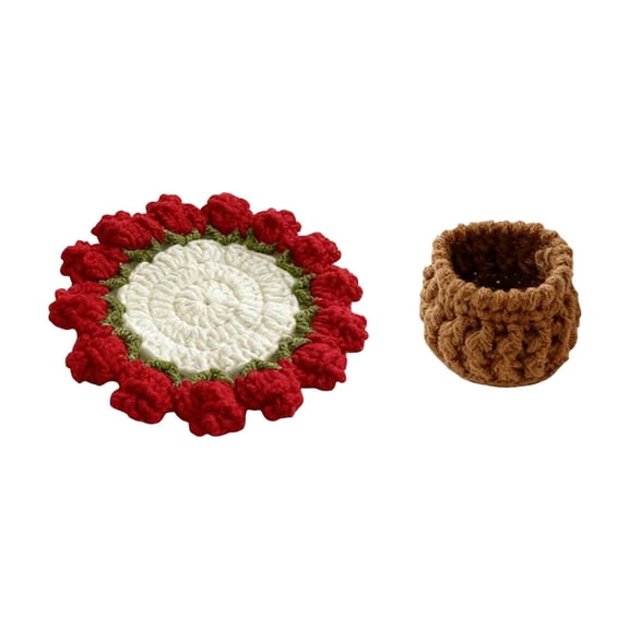 Creative Crochet Rose Coaster Insulation Pad Handmade Yarn Knitted Small Flower Basket Desktop Decoration Ornament Artistic Craft Gift for Table Decor Functional and Decorative Coaster Set