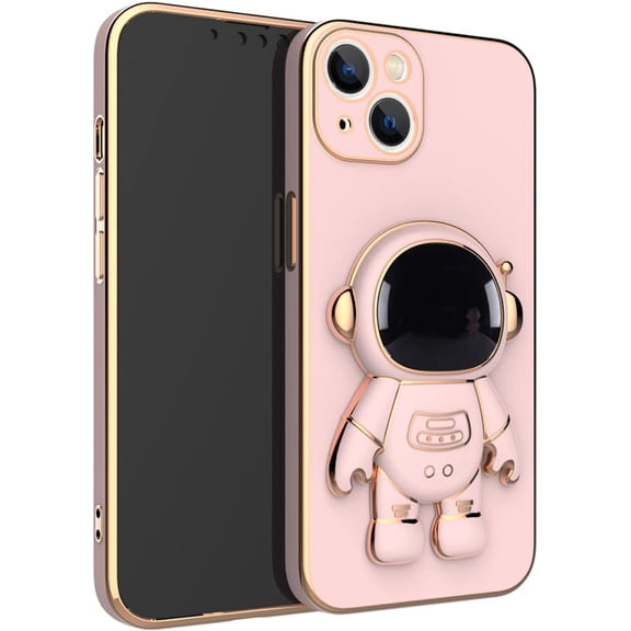 Creative Cute Astronaut Bracket TPU Phone case with Camera Protective Film for iPhone 14 13 12 11 8 7 6 S X XS XR Plus Pro Max Mini Popular Shockproof Protective Back Cover(Pink,7/8)