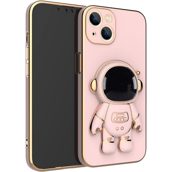 Creative Cute Astronaut Bracket TPU Phone case with Camera Protective Film for iPhone 14 13 12 11 8 7 6 S X XS XR Plus Pro Max Mini Popular Shockproof Protective Back Cover(Pink,11 Pro max)
