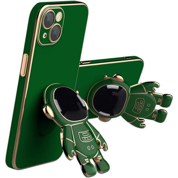 Creative Cute Astronaut Bracket TPU Phone case with Camera Protective Film for iPhone 14 13 12 11 8 7 6 S X XS XR Plus Pro Max Mini Popular Shockproof Protective Back Cover(Green,14 Plus)