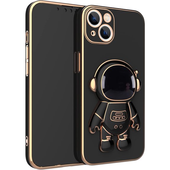 Creative Cute Astronaut Bracket TPU Phone case with Camera Protective Film for iPhone 14 13 12 11 8 7 6 S X XS XR Plus Pro Max Mini Popular Shockproof Protective Back Cover(Black,7/8)