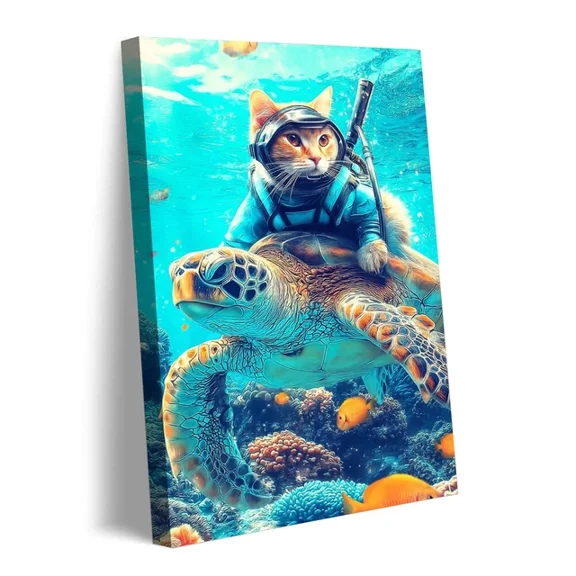 Creative Cute Cat Riding Turtle Underwater Wall Art Decor Ocean Scene Art