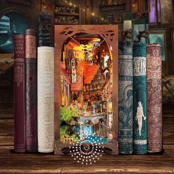 Creative DIY Bookend Insert - Mystical Valley & Ancient Ring Quest 3D Miniature Model Kit, Epic Legend Diorama with Touch Switch LED, Unique Hobby Gift for Men and Women