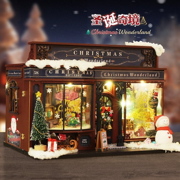 Creative DIY Bookend Insert - Starlit Winter Wonderland 3D Miniature Model Kit, Snow Village Bookshelf Diorama with Touch Switch LED, Unique Hobby Gift for Men Women