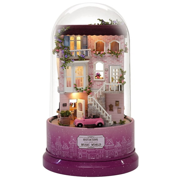 Creative DIY Dollhouse Miniature with Rotate Music Box Dust Cover LED Light Home Furnishing Decoration[B]